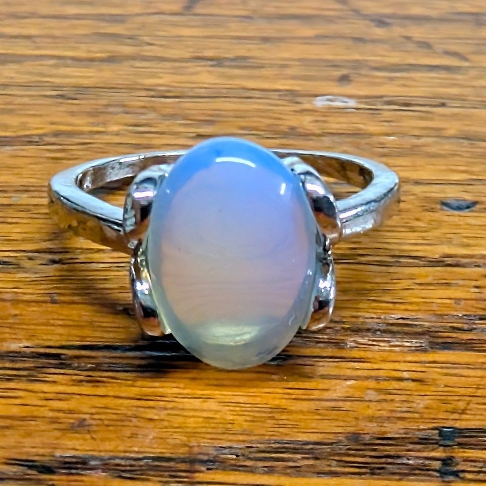 New Opalite Oval Cabochon Big Ring Plus Size 10.5 Blue SilverTone Statement Boho